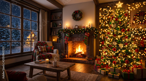 Warm cozy living room interior featuring a decorated glowing Christmas tree beside a rustic brick fireplace with hanging stockings and a snowy window view during a peaceful winter holiday evening