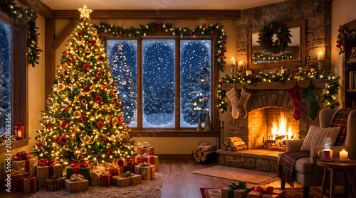 Ornate christmas tree glowing with warm golden fairy lights next to a rustic stone fireplace inside a cozy living room during a peaceful snowy winter evening in December holiday season