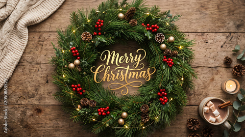 Traditional handmade Christmas wreath featuring lush green pine branches decorated with vibrant red holly berries and golden ornaments resting on a rustic wooden table surface with glowing warm fairy 