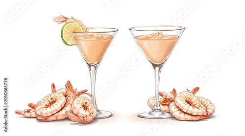 Delicate Peach Cocktail Glasses with Shrimp Garnish on White