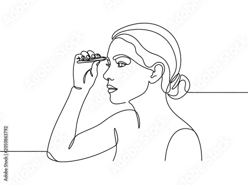 Woman plucking eyebrows with tweezers while focusing on beauty routine with simple line art style
