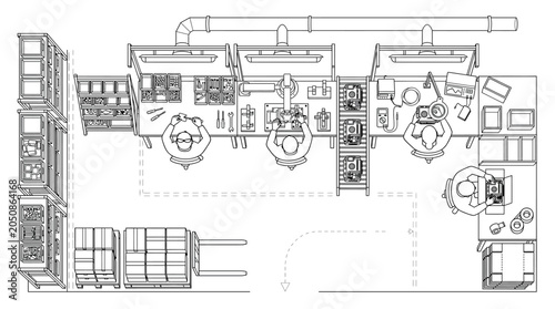 Top view of a manufacturing assembly line with workers and robotic arm in a factory floor