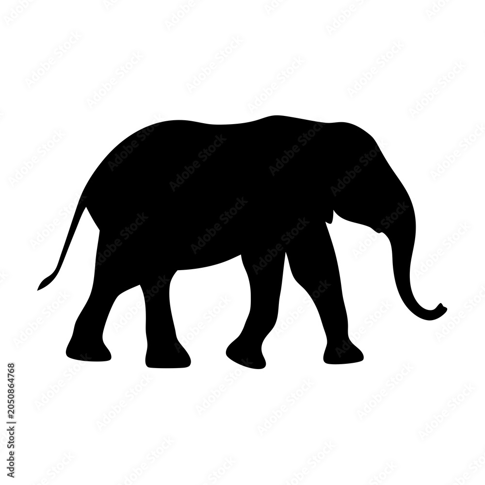 Fototapeta premium Black silhouette of an elephant walking majestically across a plain white backdrop