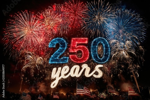 250 Years Fourth of July Fireworks Celebration with American Flags