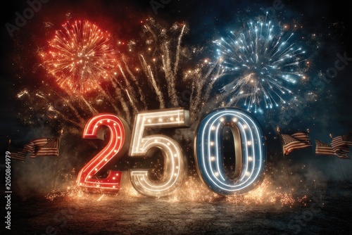 250th Anniversary Fourth of July Fireworks with American Flags