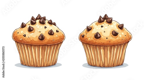 Delicious Chocolate Chip Muffins Pair on White Background