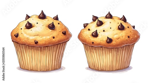 Delicious Chocolate Chip Muffins Pair on White Background