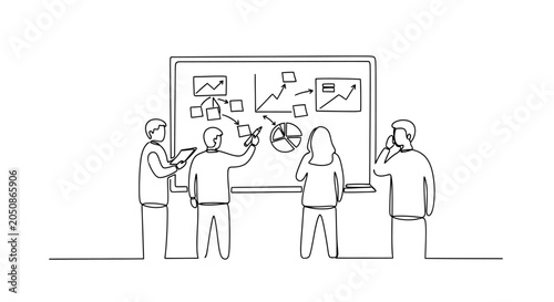 Collaborative team analyzing data charts and graphs on a digital whiteboard for strategic decision making