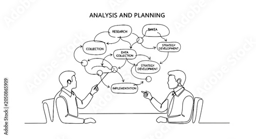 Graphic illustration of a strategic analysis and planning process involving two professionals engaging in discussion with