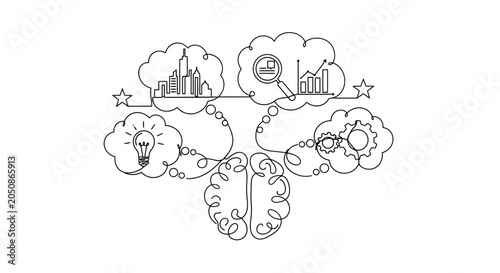 Innovative mental map illustrating interconnected ideas of progress and creativity in a minimalistic line art style