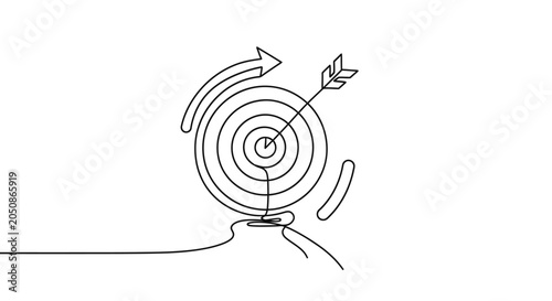 Minimalist line art of a target with an arrow hitting the bullseye symbolizing precision and focus in pursuits