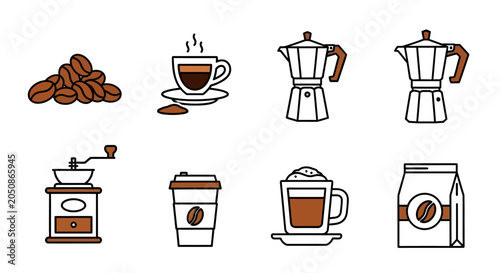 Foto Set of coffee related icons including beans, cup, grinder, maker and more