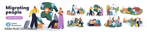 Migrating people set. Concept of migration. Migrants choosing country for mov...