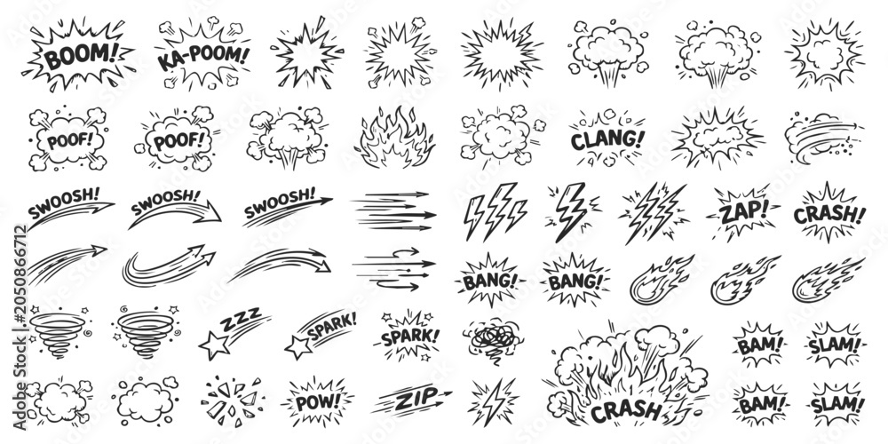 Fototapeta premium Set of hand drawn comic book sound effect speech bubbles and action symbols for graphic design projects