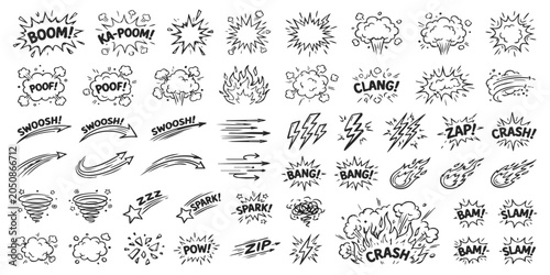 Canvas-taulu Set of hand drawn comic book sound effect speech bubbles and action symbols for