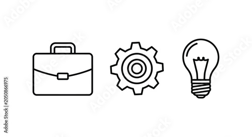 Quadro em tela Briefcase Gear And Lightbulb Line Icons On White Background