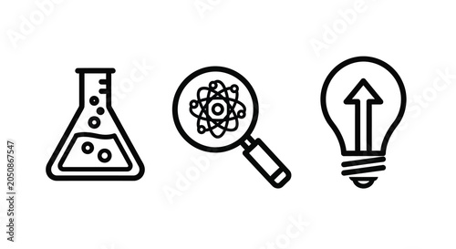 Photos Erlenmeyer flask magnifying glass and lightbulb line icons on white background