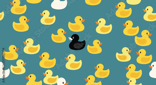 Fun seamless pattern of yellow rubber ducks with a single black duck in the center standing out from the crowd.