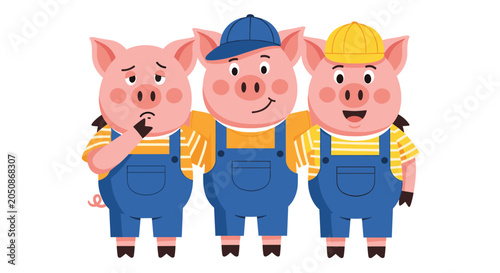 Three classic cartoon pigs wearing blue denim overalls and colorful hats standing together as a team on a clean white background.