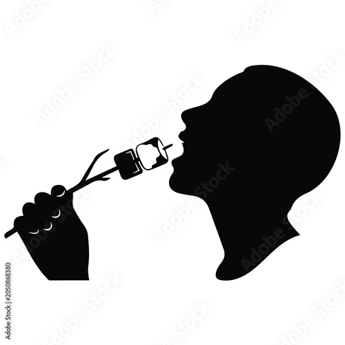 Person eating roasted marshmallow vector silhouette illustration line art design profile.