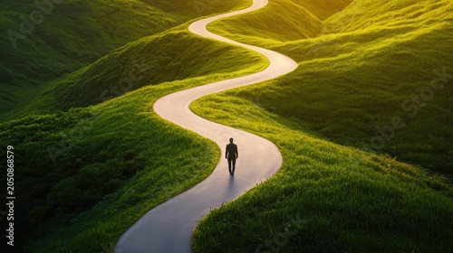 Journey Person walking alone on a long winding road, symbolizing personal growth.