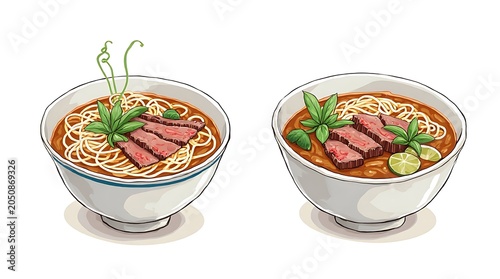 Fresh Noodle Soup Bowls with Sliced Meat and Herbs