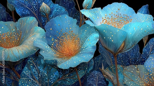 Luminous Celestial Blue Floral Pattern With Golden Speckles And Leafy Background