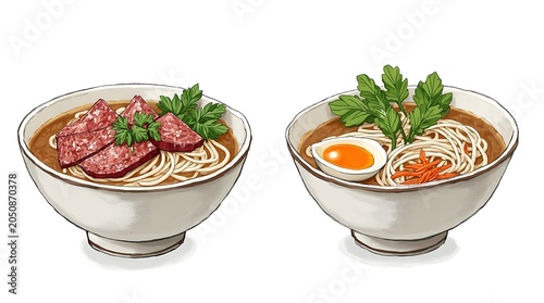 Fresh Ramen Bowls with Toppings in Ceramic Cups