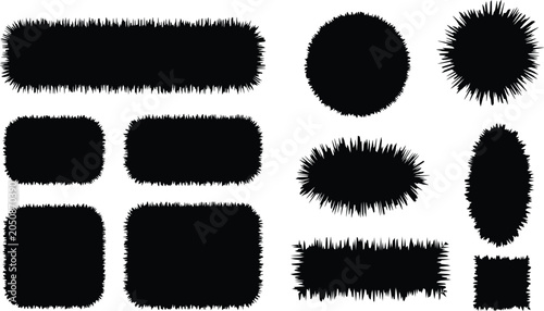 Fluffy and Spiky Black Silhouette Shapes Vector Set, Grass and Fur Textured Banners, Badges, Frames, and Geometric Speech Bubble Elements Isolated on White Background