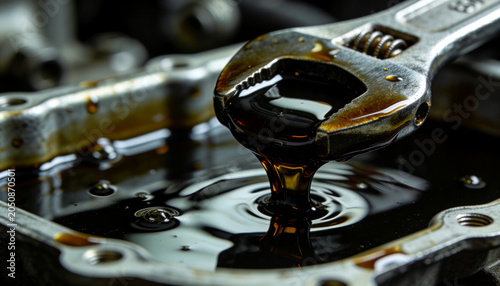 Dripping adjustable wrench jaw holding pooled motor oil on bench, with shallow tray flange bolts