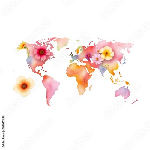 Watercolor illustration of world map in flowers template featuring subtle gradient colors and delicate texture, unique, floral