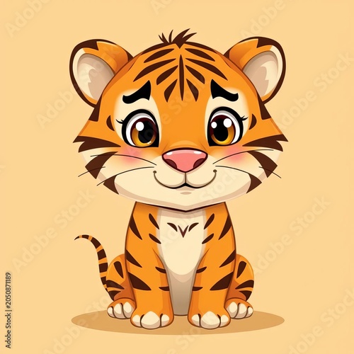 Whimsical tiger illustration with shining eyes and endearing expression on warm beige background, cartoon, ||warm