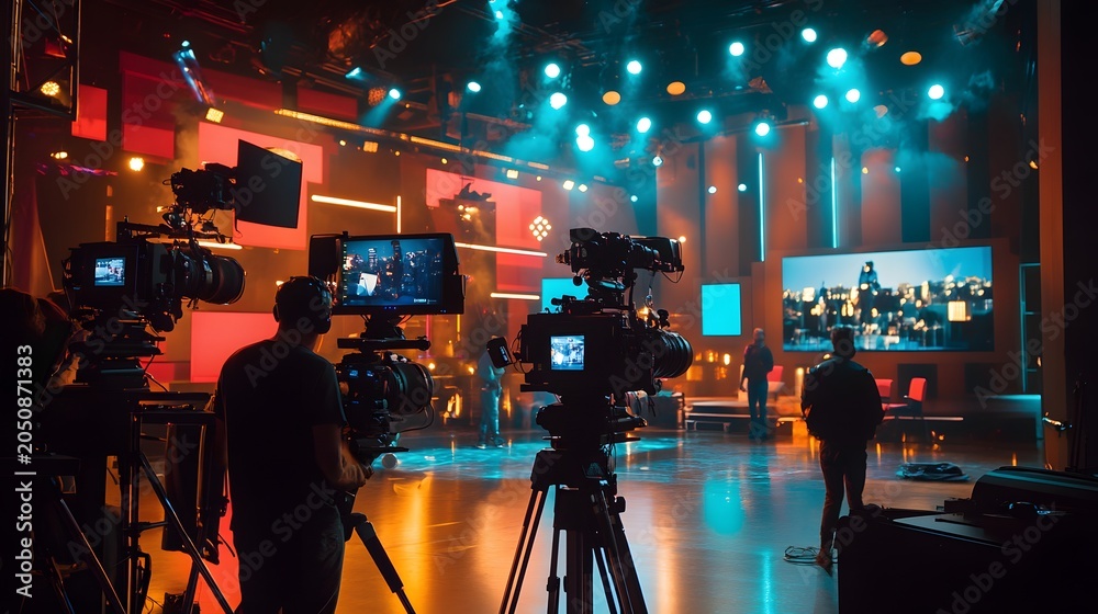 Video Production Team Filming Concert Performance With Broadcast Cameras