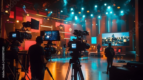 Video Production Team Filming Concert Performance With Broadcast Cameras