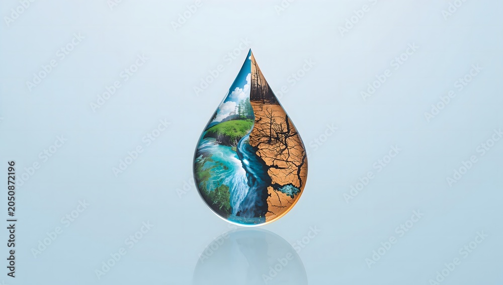 Fototapeta premium Conceptual water droplet showing split climate change with green nature and dry cracked earth background