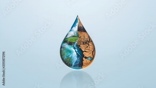 Conceptual water droplet showing split climate change with green nature and dry cracked earth background