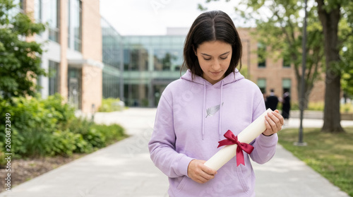 Happy international student holding graduation diploma on campus, study in New Zealand higher education success concept.