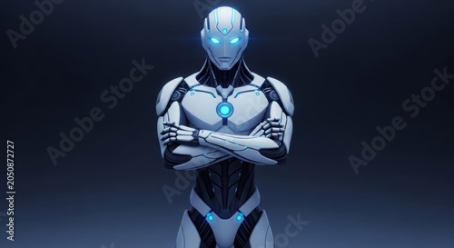 Futuristic robot with glowing blue eyes standing confidently