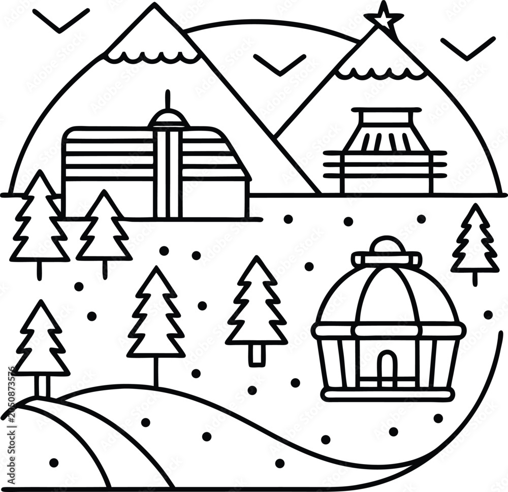 Fototapeta premium Minimal Winter Landscape Bundle Featuring Snowy Mountains Pine Forests and Nature Scenes Vector Illustration Collection Pack