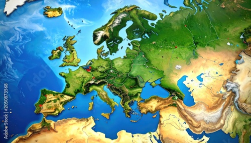 Colorful Relief Map Showing Europe and Western Asia with Seas and Terrain