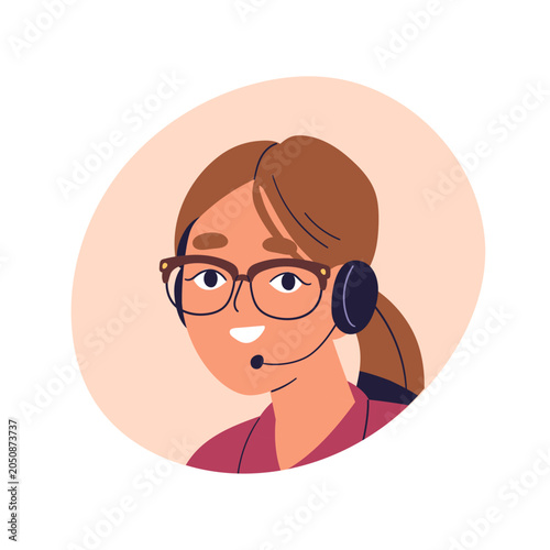 Young woman in glasses, call center operator, face avatar. Customer support a...