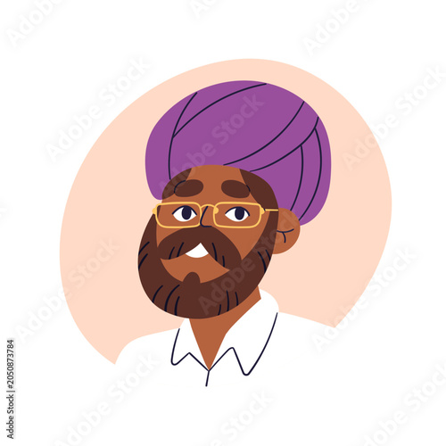 Indian man in glasses and turban, face portrait. Happy smiling male character...