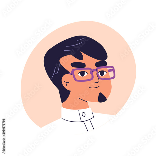 Man in eye glasses, face avatar. Male character wearing spectacles, shirt, go...