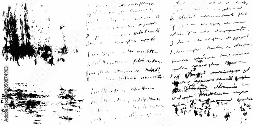 Fotografie Black ink splatters and handwritten text on a white background