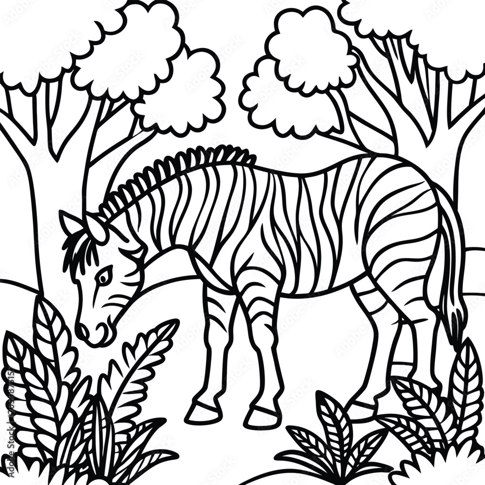 Obraz premium African Zebra Grazing in Natural Savannah Grassland Line Art Coloring Page Vector Illustration for Kids Activity Book