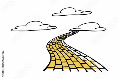 A winding yellow brick road illustration leads to cloudy skies in a simple vector graphic design