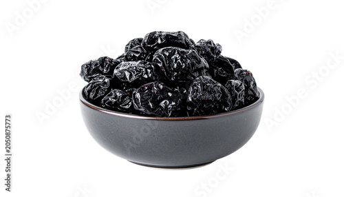 A dark, wrinkled pile of prunes in a grey bowl