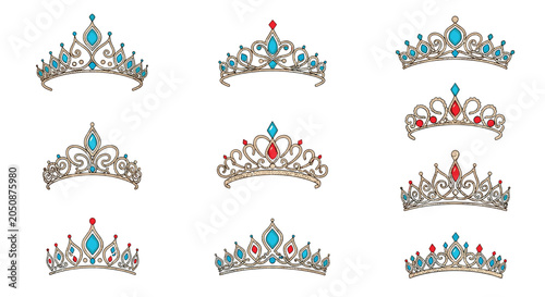 Collection of elegant tiaras and royal crowns featuring sparkling blue and red gemstones in intricate vintage hand-drawn vector styles.