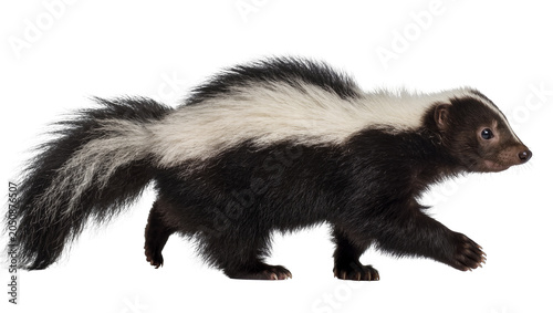 Foto Striped skunk walking with bushy tail raised