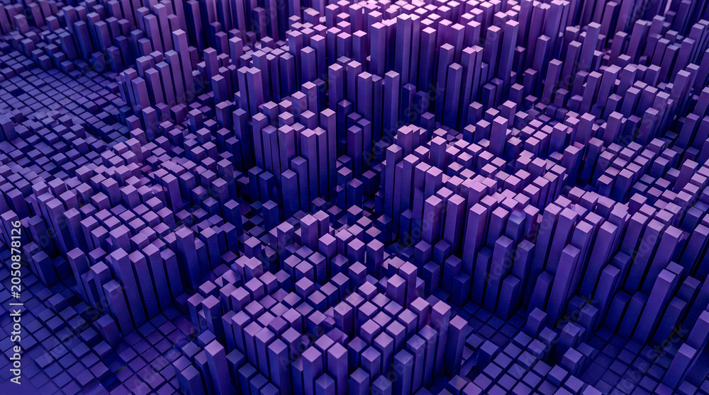 Fototapeta premium 3D extruded purple indigo pixel column grid voxel, dramatic tech background